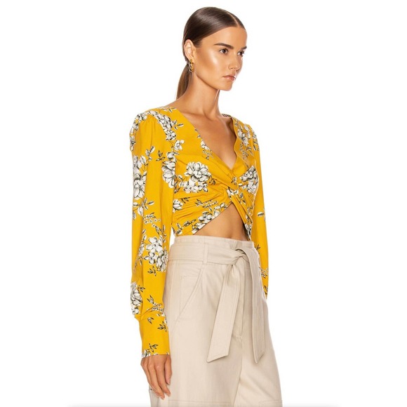 MARISSA WEBB Shirt Womens XS Yellow Karlee Cropped Twist Top Long Sleeve Floral - Picture 1 of 16